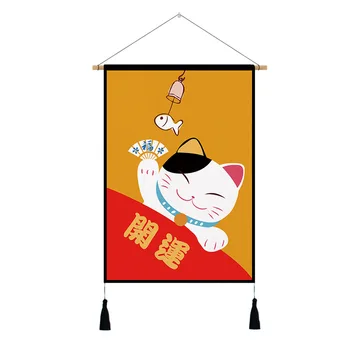 

Japanese Style Cat Wall Hanging Decor Green Landscape Painting Living Room Sushi Restaurant Tapestry