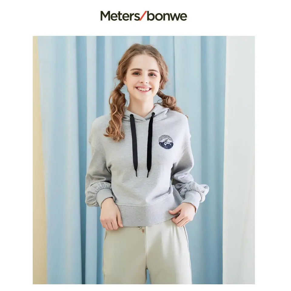 Metersbonwe, женские толстовки для девочек, женские одноцветные повседневные толстовки с капюшоном, толстовка, новые женские милые толстовки
