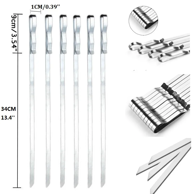 6-10pcs Long Stainless Steel Shish Kebob Skewers Wide Reusable Grilling Fork Set for Meat Shrimp Chicken Vegetable 16.8" 42cm