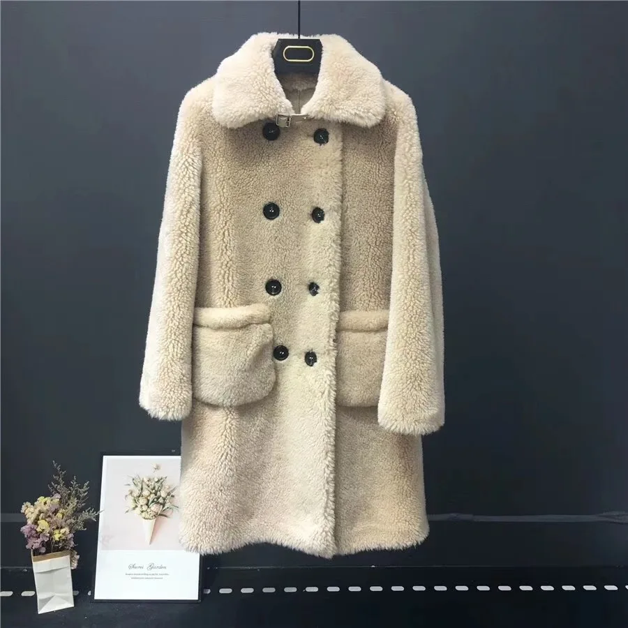 Beige Новинка, зимнее женское повседневное длинное пальто из натурального овечьего меха, Женская шерстяная куртка из натуральной овчины - Цвет: Beige