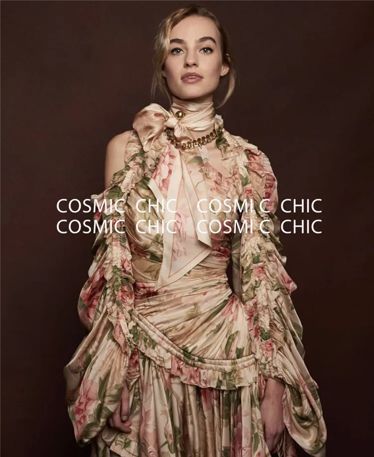 Cosmicchic Подиум Сексуальное цветочное вечернее платье с длинным рукавом с открытыми плечами асимметричное винтажное Плиссированное пляжное короткое платье в стиле бохо