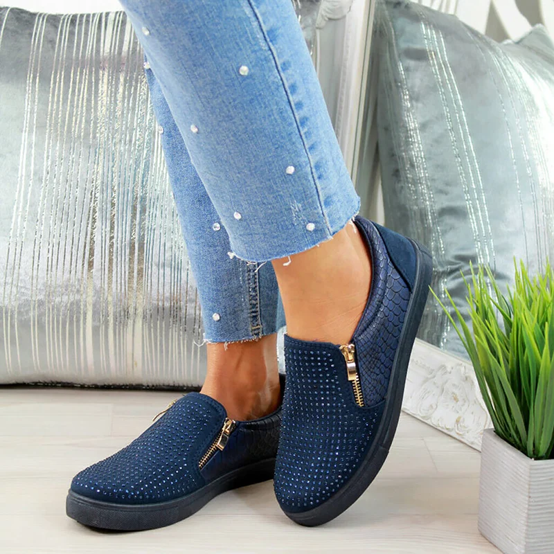 

Women Flat Shoes Crystal Slip On Flat Loafers Zipper Pu leather Ladies Glitter Platform Fashion Female Moccasins