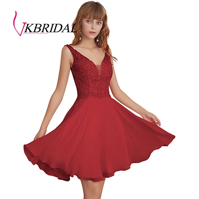 Red VKbridal реальное изображение трапециевидной формы мини длина кружевные Выпускные платья для кристалл для девушки Иллюзия глубокий v-образный вырез шифон Короткие платья для выпускного вечера - Цвет: Red