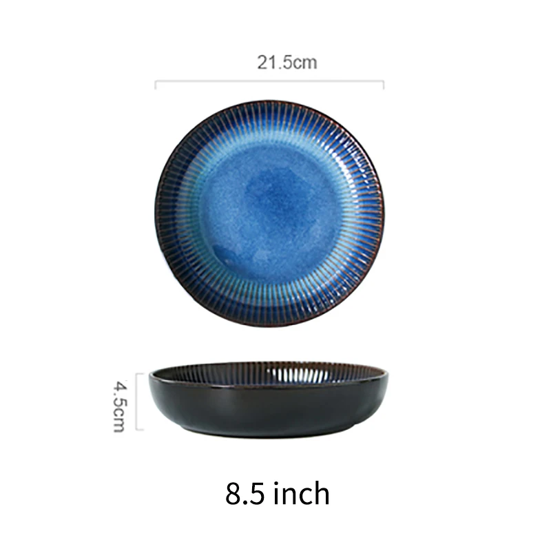 RUX WORKSHOP Japanese Western Ceramic Plate Steak dish Round breakfast plate Blue kitchen dining tableware Cake dessert plate - Цвет: 8.5 inch