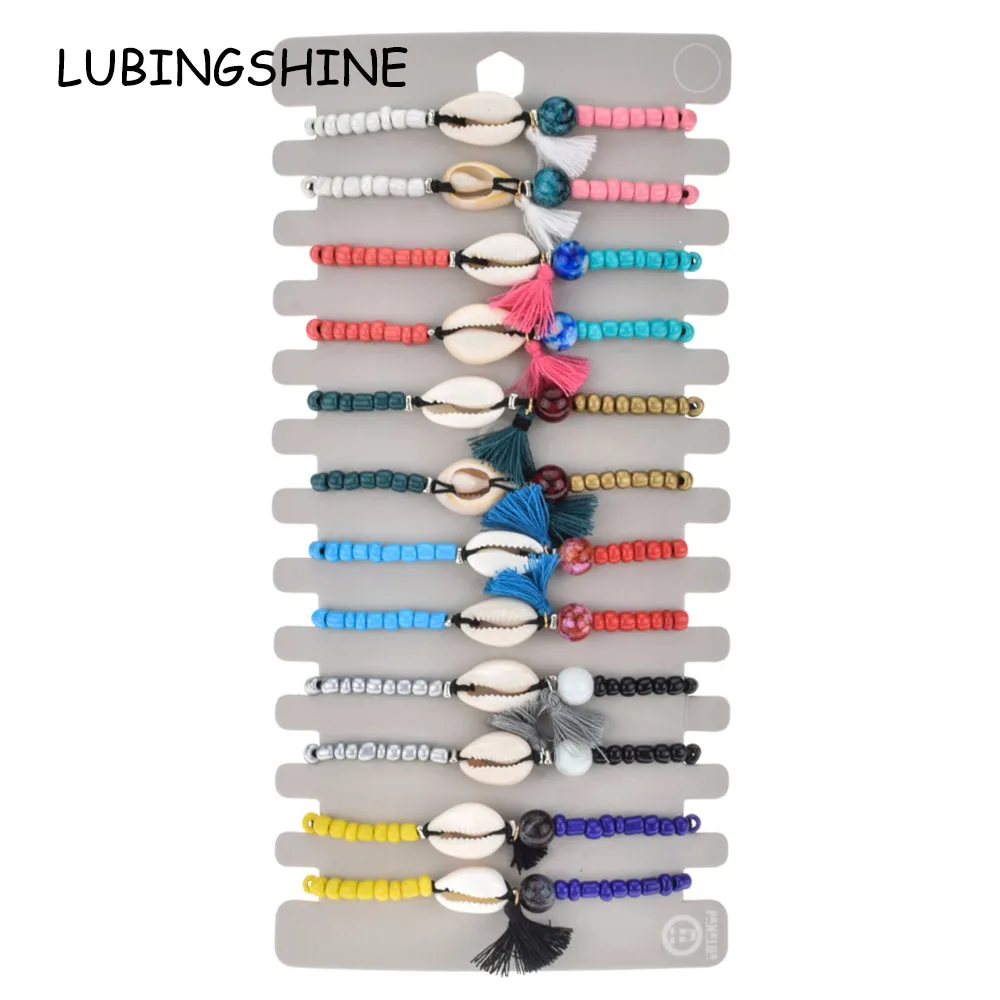 

Boho 12pcs/set Natural Stone Bead Shell Tassel Charms Bracelet for Women Braided Adjustable Chain Anklet Wristband Jewelry