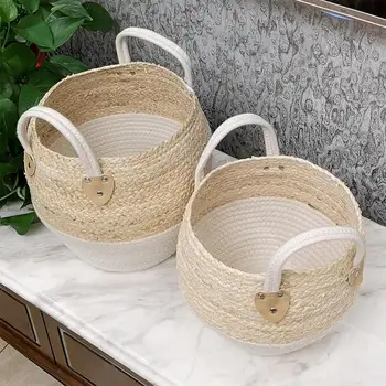 

New Woven Storage Basket Desktop Storage Box Snack Toy Straw Storage Box Holder Seagrass Wickerwork Basket Home Decoration