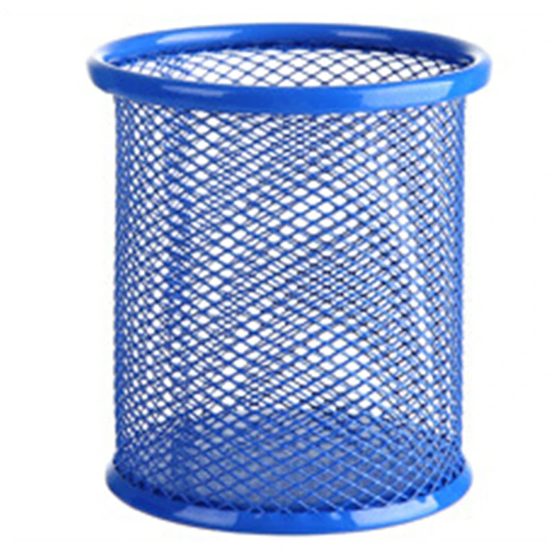 Round blue Креативный полый металлический держатель для ручек, многофункциональная настольная корзина для хранения, держатель для ручек, студенческий органайзер для канцелярских принадлежностей - Цвет: Round blue