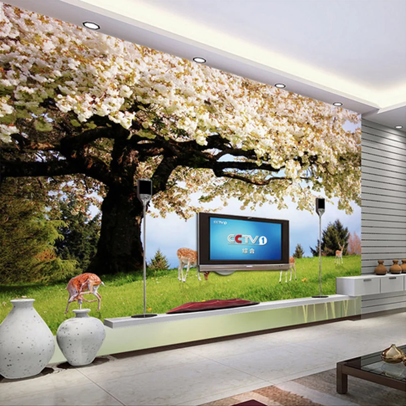 

Drop Shipping Custom Photo Wallpaper Cherry Tree Deer Scenery TV Backdrop Wall Covering Bedroom Background Wall Murals Wallpaper