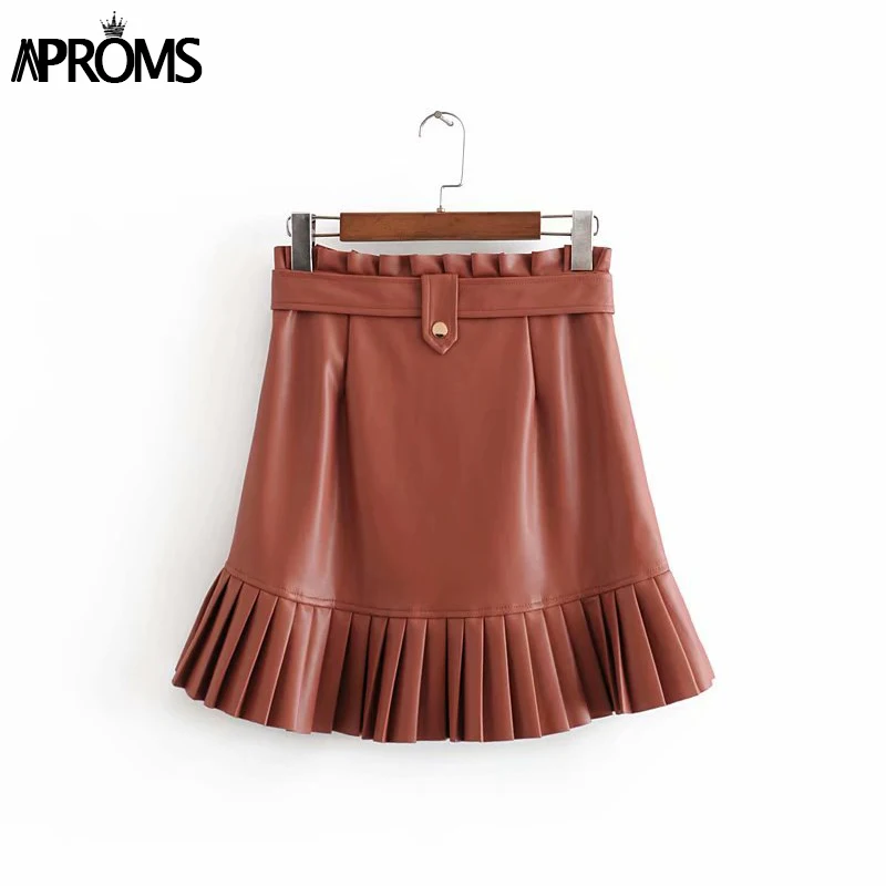 Aproms Vintage PU Leather High Waist Skirt Women Autumn Winter Streetwear Ruffle A-line Short Mini Skirts Ladies Sash Tie Bottom