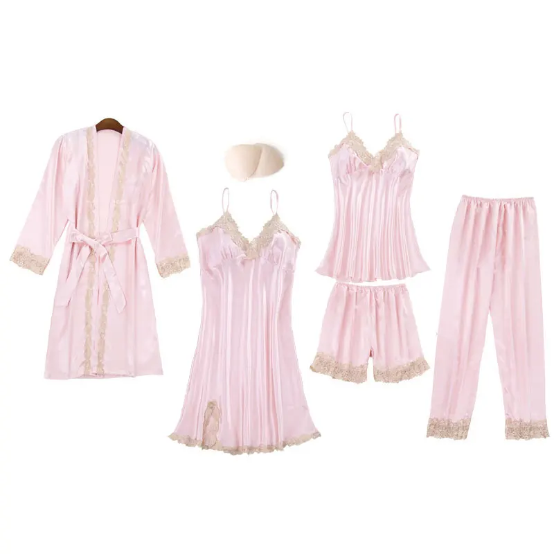 

Robe Gown Set Women Silk Satin Pajamas Set Sexy Lace Sling 5 Peices Kimono Robes Woman Sleep Wear Pyjamas Bathrobe Sleepwear Set