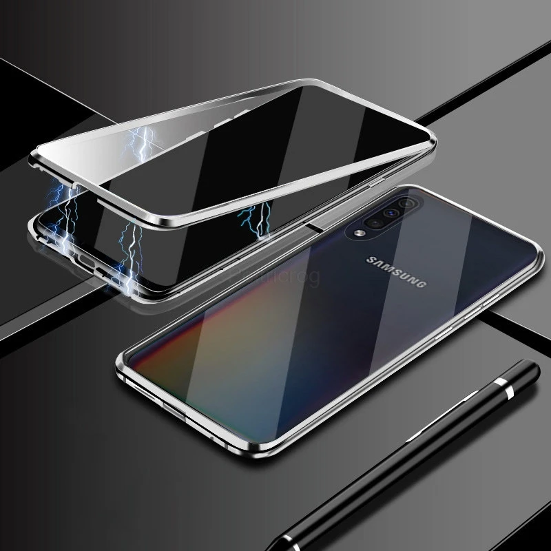 Магнитный металлический чехол для samsung Galaxy Note 10 Pro 8 9 S10 S9 S8 плюс A7 A8 A9 A10 A50 A70 A20 A30 Двусторонняя стеклянная крышка - Цвет: Silver