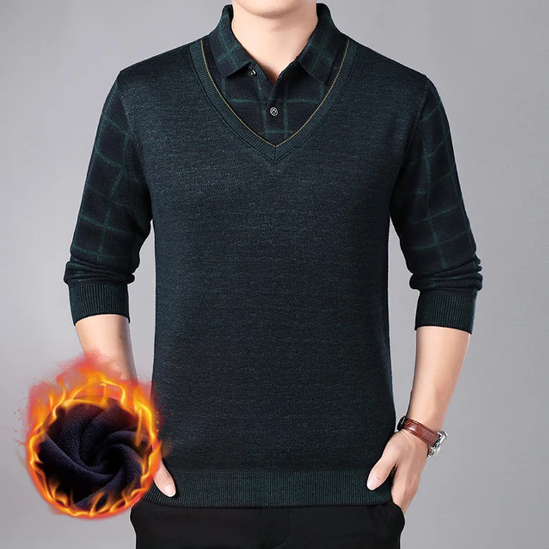 Dad Autumn Winter Sweater Men Extra Fleece Add thickness Sweaters Middle-aged Business Casual Knitted Sweater Men - Цвет: Тёмно-синий
