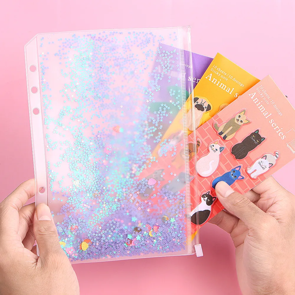 Transparent PVC Storage Card Holder with 6 Hole Zipper document Bag for A5 A6 Pouch Diary Planner Accessories