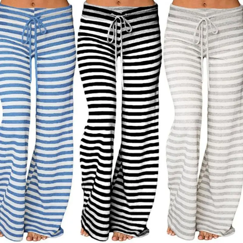 

Womens Plus Size Striped Print Yoga Flare Pants Wide Leg Drawstring Elastic High Waist Pajama Trousers Palazzo Loungewear S-3XL