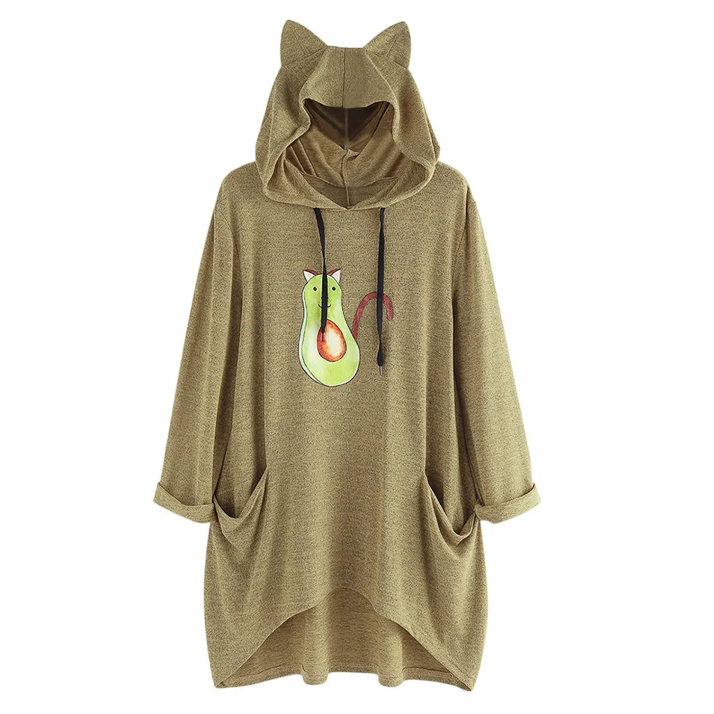 

Hoody Jacket Women Harajuku Hooded Long Sleeves Cat Ear Print Pocket Shirt Irregular Blouse Sweatshirt Outwear Tops Plus Size