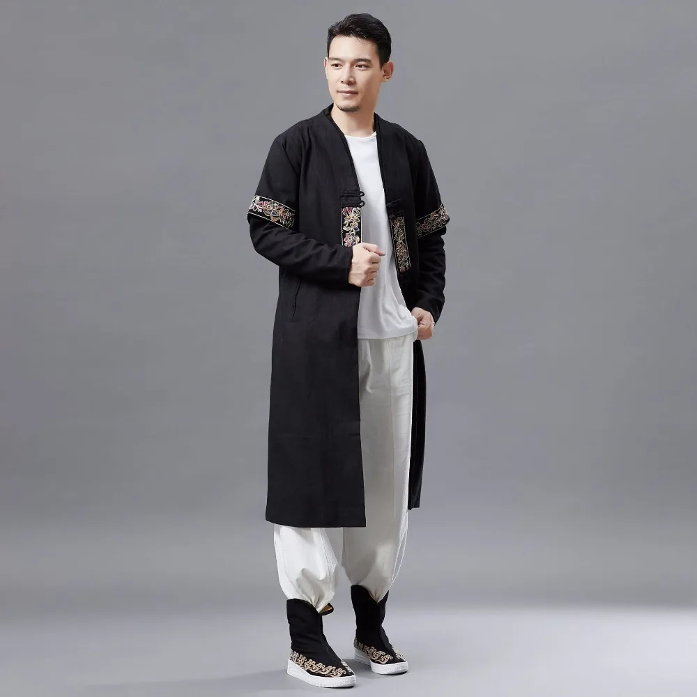 LZJN 2019 Men Autumn Trench Coat Cotton Linen Longline Long Sleeve Jacket Chinese Frog Buttons Outfit Overcoat with Pockets (15)