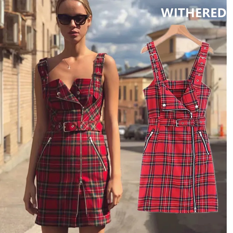 Увядшее мини-платье без бретелек женское платье vestidos английское винтажное красное клетчатое платье на молнии с заклепками рок vestidos de fiesta de noche вечернее платье