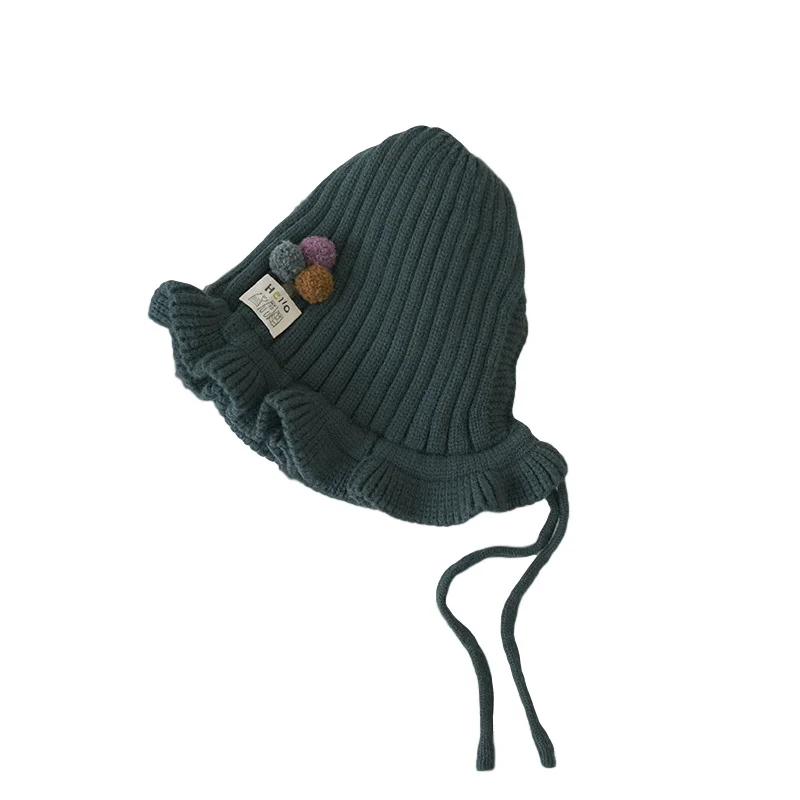 Green hat Детская шапка с помпоном для девочек, вязаная сумка с рюшами, зимняя шапка для детей, регулируемая детская шапка для девочек, От 2 до 5 лет, 5 цветов - Цвет: Green hat
