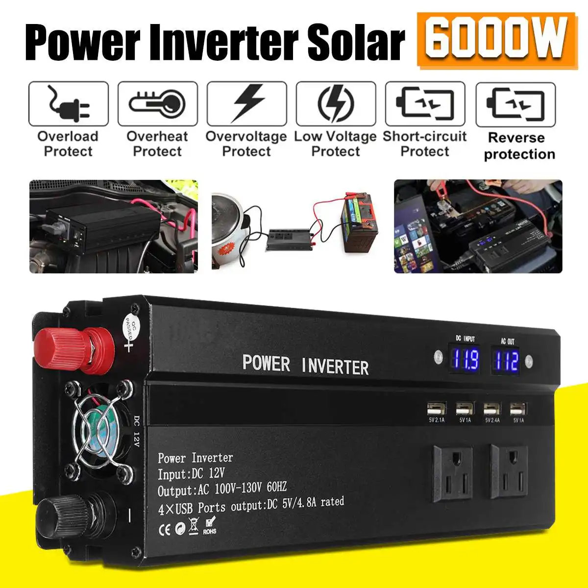 

Car Inverter 12V 220V 6000W DC 12V/24V to AC 110V/220V Modified Sine Wave solar Power Inverter For Auto Truck car