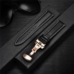 Premium Leather Watchband with Stainless Steel Butterfly Buckle - 22mm (Rose gold black W)