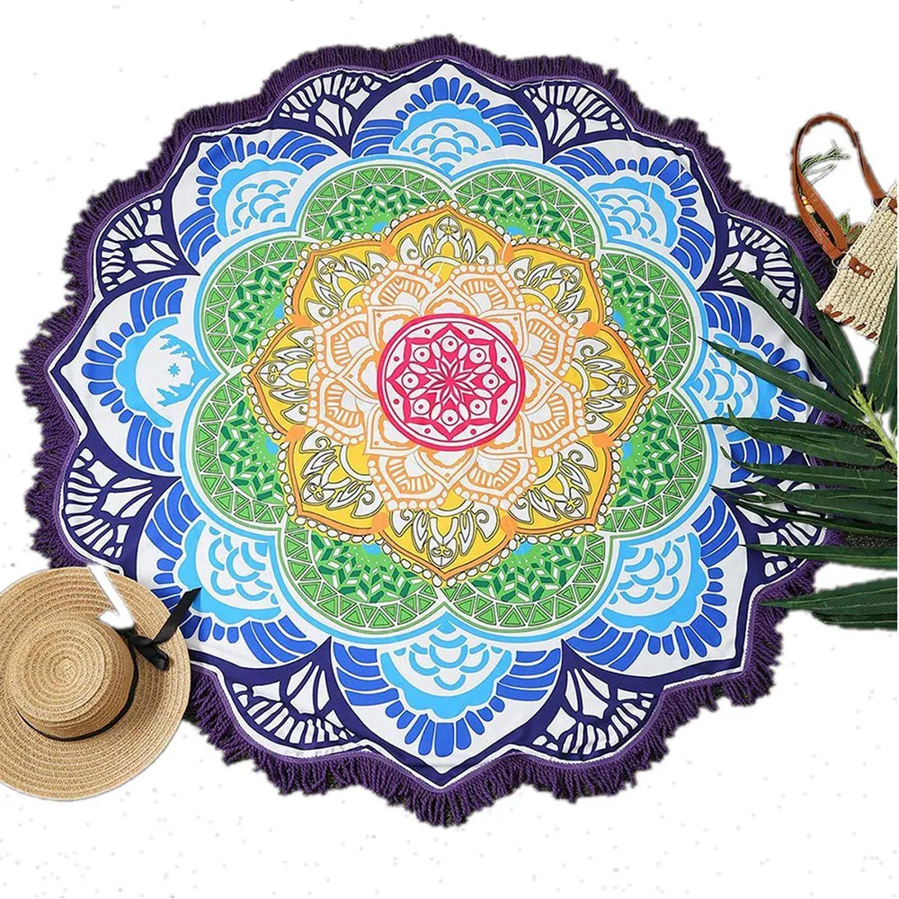 Round Beach Towel Yoga Blankets Diameter 150cm Yoga Mat with Flowers Pattern Indian Mandala Tapestry Picnic Mat Valentine's Day (2)