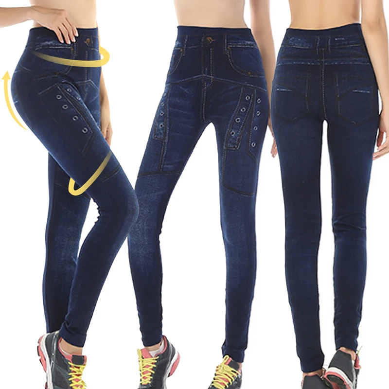 2021 New Women Elastic Jean Leggings Pants High Waist Slim Push Up Seamless Pencil Pants Denim Casual Pants aybl leggings