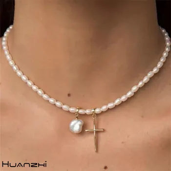 

HUANZHI 2020 New Vintage Baroque Natural Freshwater Pearl Cross Pendant Chain Necklace for Women Girls Party Jewelry