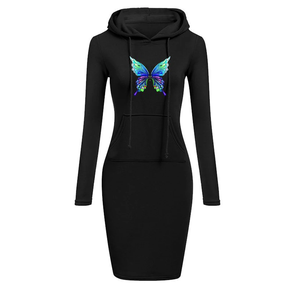 

Autumn Winter Warm Sweatshirt Dress Long-sleeved Woman Clothing Hooded Collar Pocket Design Pullover Dress Vesdies cheap