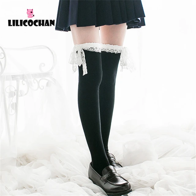 Lolita Stocking Womens Anime Cosplay Maid Girls Lace Top Thigh High Over Knee Leg Warmer Leggings Sexy Cotton Socks Kawaii Style 4