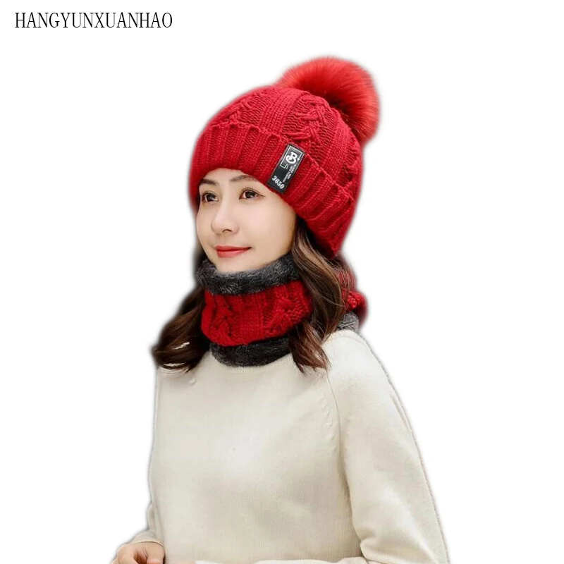 

HANGYUNXUANHAONew Winter Hat Scarf Set For Ladies Girls Fashion Cotton Warm Pom Poms Hat + Scarf Letter Cute Women Hat Scarf Set