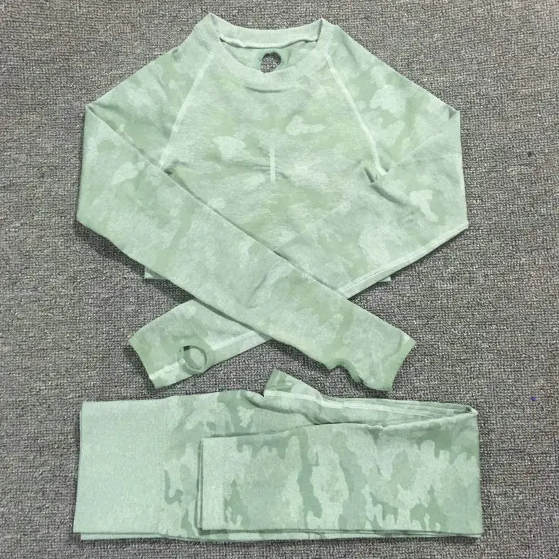 Green Set Комплект из 2 предметов, камуфляжный, камуфляжный, для йоги, спортивная одежда для женщин, для спортзала, фитнеса, одежда для занятий йогой, леггинсы+ спортивный бюстгальтер, спортивный костюм для спортзала, Femme - Цвет: Green Set
