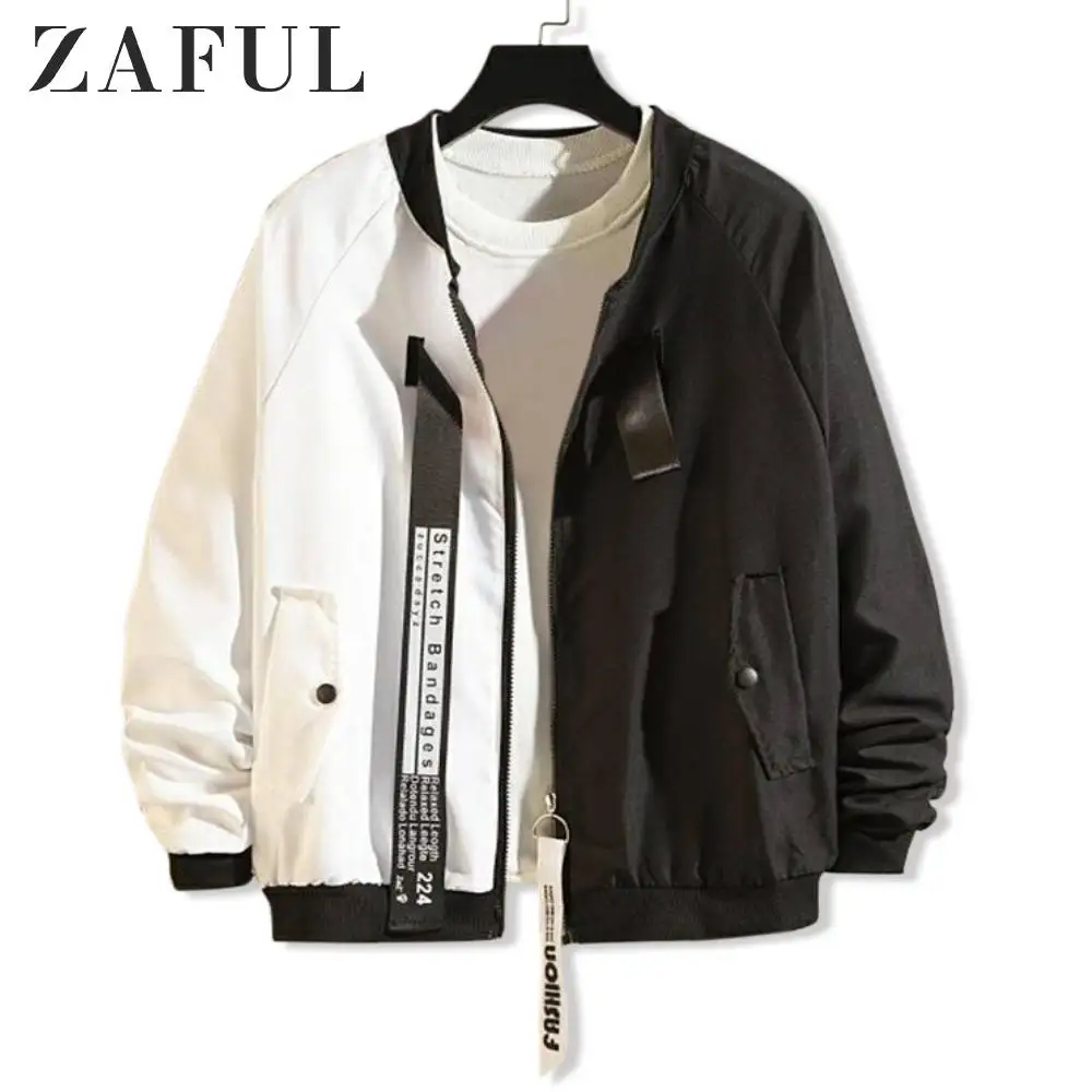 ZAFUL Letter Graphic Print Jacket Two Tone Panel Long Sleeve Colorblock Spliced JacketZip Up Stand Collar Autumn Casual Coat | Мужская