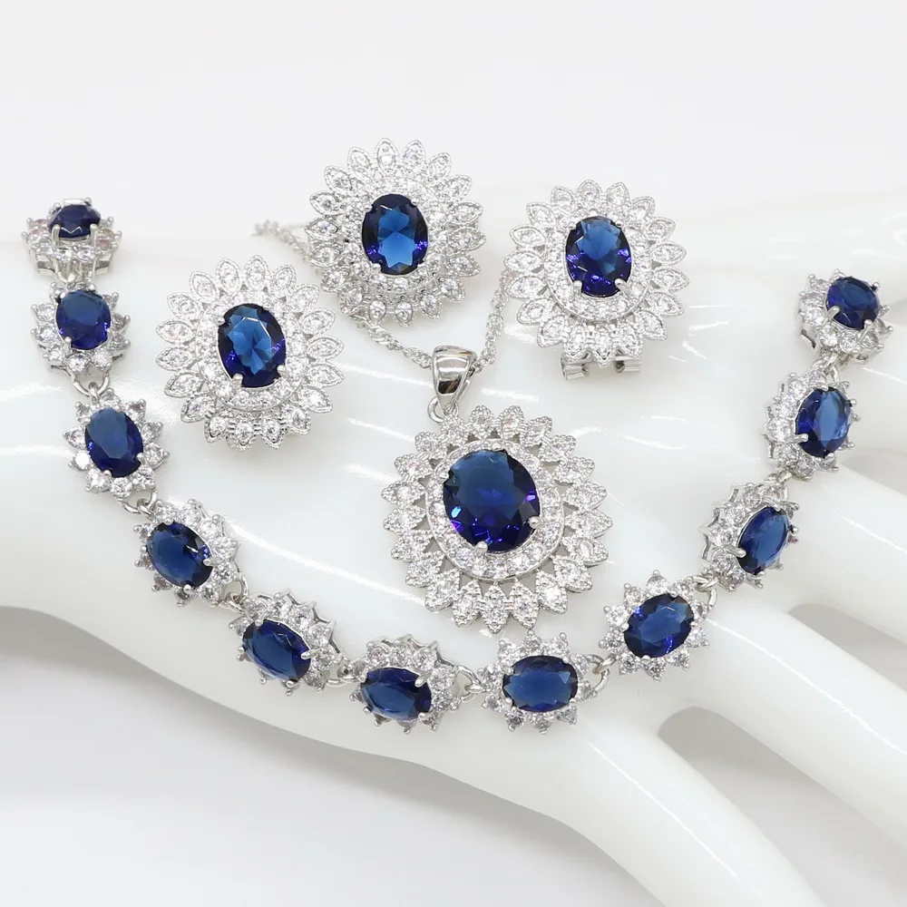 

High Quality Beautiful Round Baguette Shape Cubic Zirconia Blue Fashion Jewelry Set for Ladies