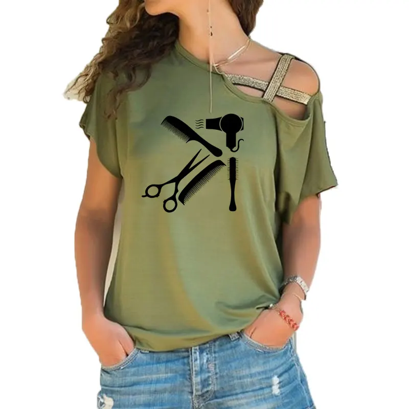 

2021 New Art Hair salon Tee Shirt Hairstyle Barber Shirt women Funny fashion Irregular Skew Cross Bandage style Casual tee tops