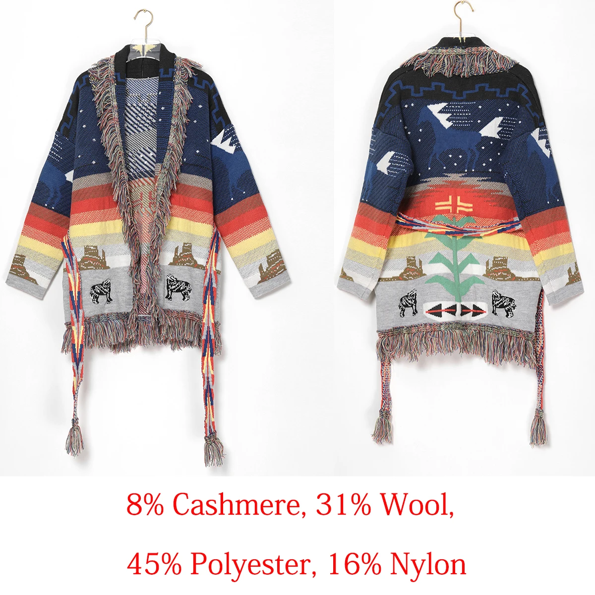 Jastie Retro Tassel Embroidered Jacquard Cardigan