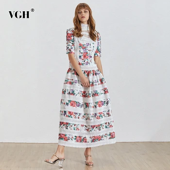 

VGH Print Vintage Women Dress Stand Collar Half Sleeve High Waist Lace Patchwork Midi Dresses Female Fashion 2020 Clothing Tide