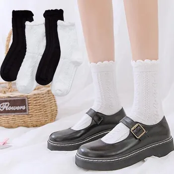 

Japanese Harajuku Retro Women Cotton Loose Socks High School Girls Korean Style Knitting Solid Color Black White Designer Socks
