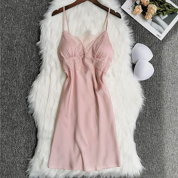 

New Sexy Ladies Sleepshirts Nightdress Lace Sleeveless Nightwear Satin Spaghetti Strap Silk Sleepwear Nightgowns