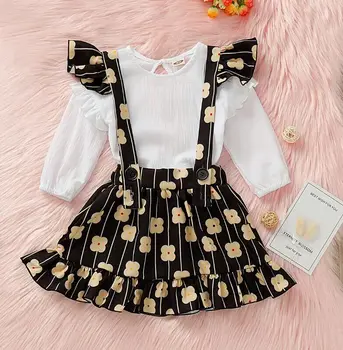 

Lovely Newborn Baby Girl Clothing Set Long Sleeve T Shirt Floral Strap Skirt Cotton Clothes