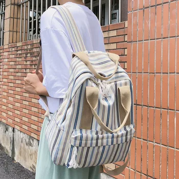 

Female Plaid Canvas Backpack Harajuku Student Women School Bag Girl Striped Cute Backpacks Kawaii Buckle Ladies Bag Book Teenage