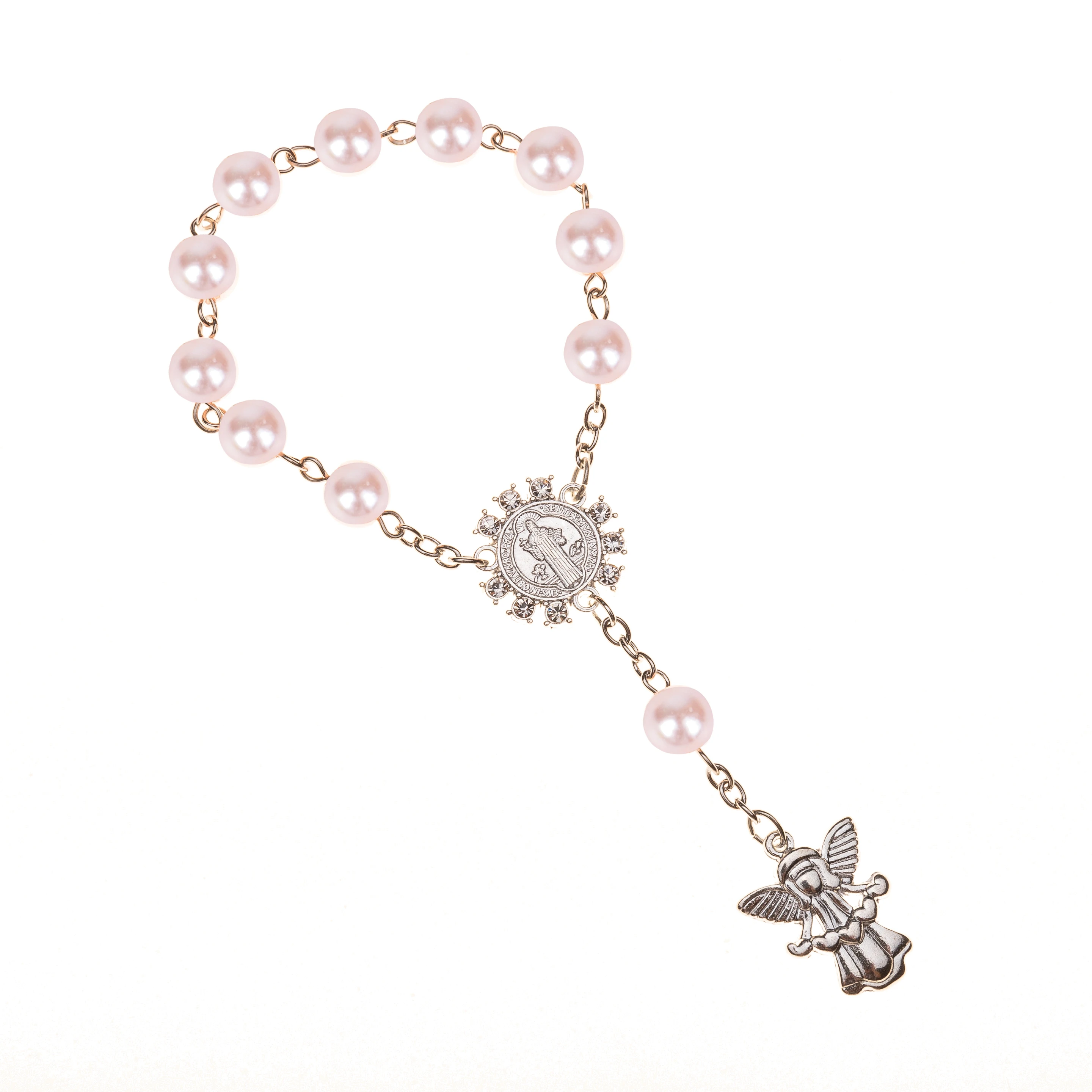 Pearl bracelet 10pcs, imitation pearl beads, Catholic rosary with angel wings pendants