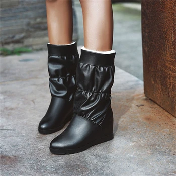 

Women Winter Boots 2020 New Warm Snow Boot Wedges High Heels Mid-calf Boots Slip On Pleated Women Shoes Large Size 35-43
