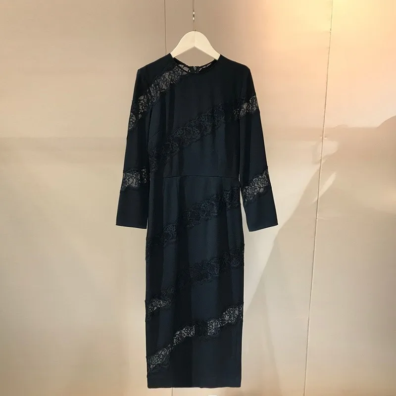 

2020 Fall High Quality Mid-Calf Length Lace Patchwork Womens Slim Fit Vintage Elegant Black Bodycon Dresses