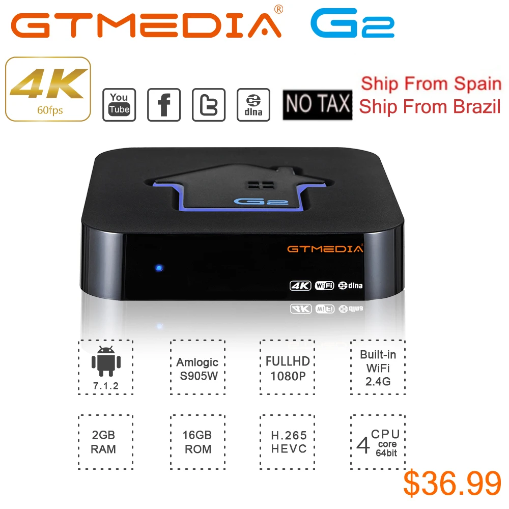 GTmedia Android 7,1 IP-ТВ M3U Смарт ТВ BOX Amlogic S905W 2 Гб RAM+ 16gbrom Декодер каналов кабельного телевидения 4K HD H.265 2,4G Wifi медиаплеер ТВ коробка