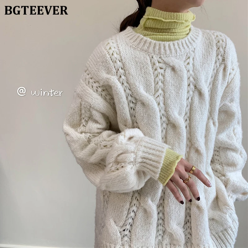 BGTEEVER Winter Thick Warm Female Twisted Striped Knitting Tops Long Sleeve All-match Loose Casual White Women Sweater Jumpers |