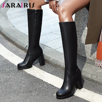 

SARAIRIS New Office Lady Fashion High Wide Heels Boots Women Elegant Black Knee High Boots Women 2020 Low Platform Shoes Woman