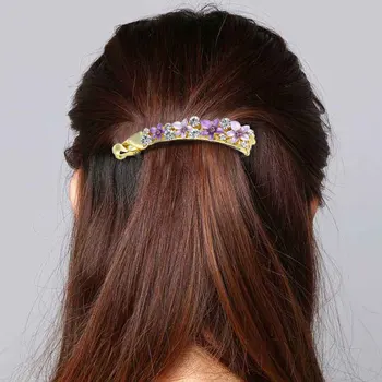 

4pcs Flower Fashionable Banana Hair Clip Alloy Diamante Ponytail Holder Hair Accessories for Women Girls (Blue + Purple + Coffee