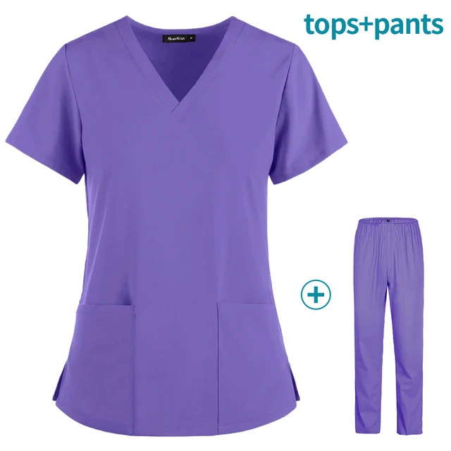 Hot Sales Nurse Uniform Women Short Sleeve Neck Tops Working Uniform Blouse Scrubs Workwear Nursing Women Scrubs Pants Elastic Purple