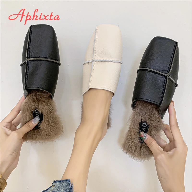 Мюли Aphixta женские из натурального кроличьего меха теплые меховые тапочки