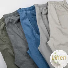 Для мужчин льняные Штаны свободного покроя, благодяря чему один размер подходит для Для Мужчин's Штаны с эластичной талией Повседневные брюки из хлопка